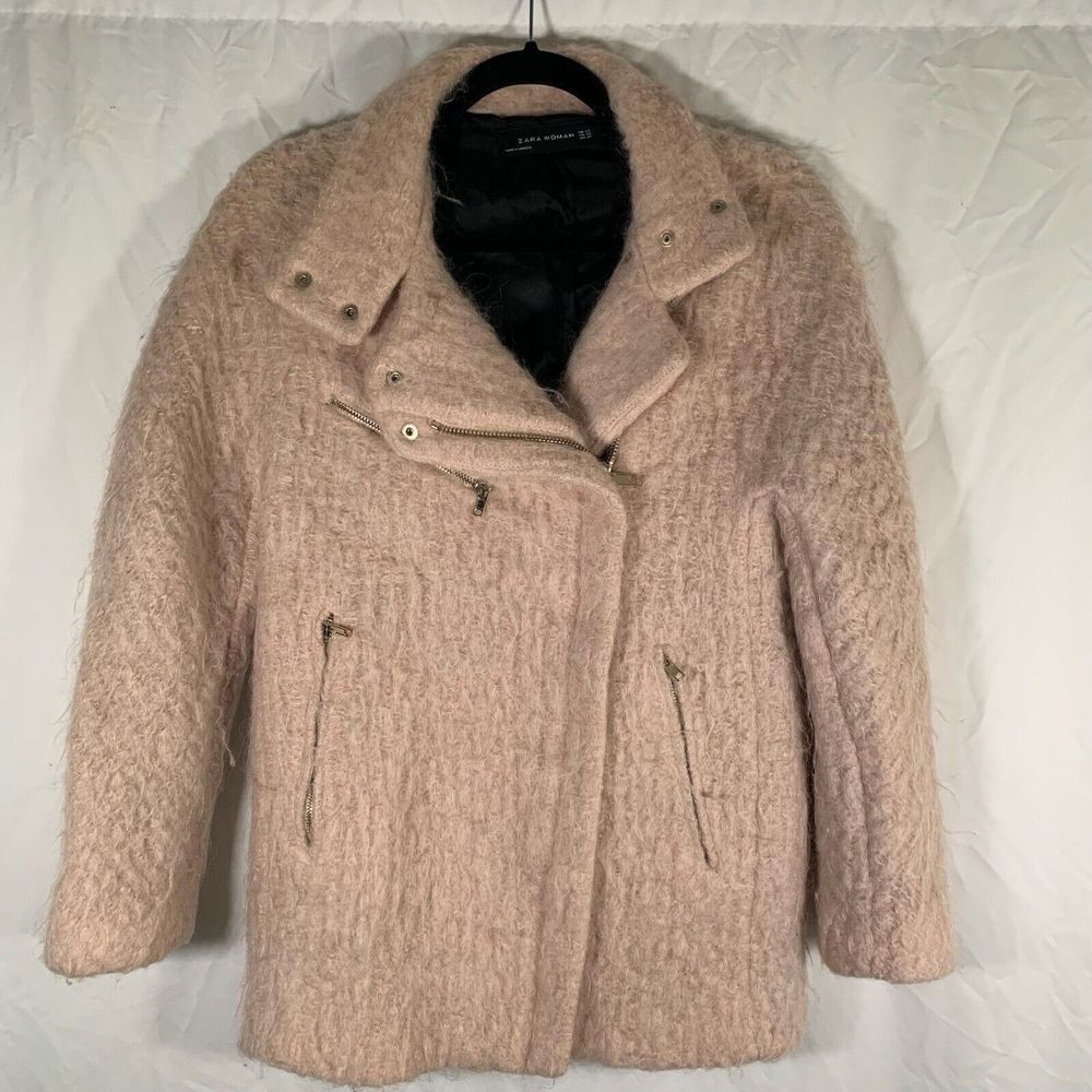 Zara Women Coat Women’s XS Pink Fuzzy Full Zip Pockets Collared